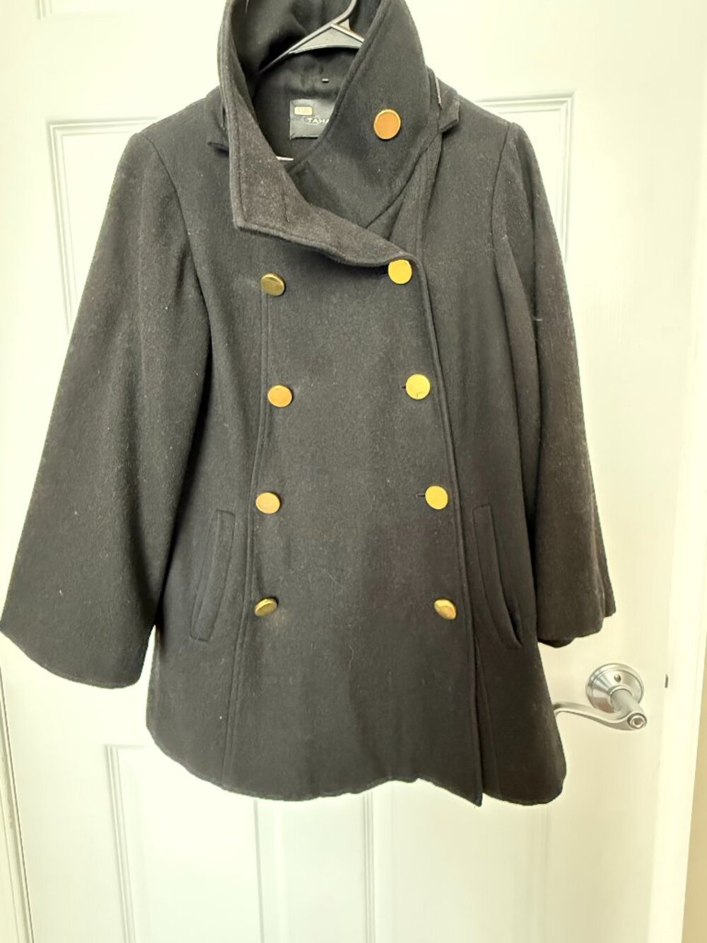 Tahari Black Wool Swing Coat Detachable Hood Sz S Petite